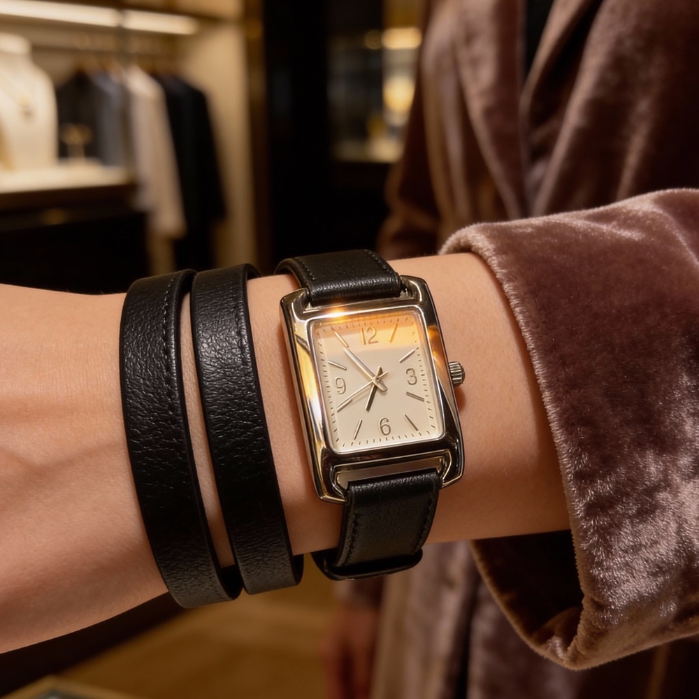 Trendy Double-Wrap Silver Rectangular Watch Black… - image 1